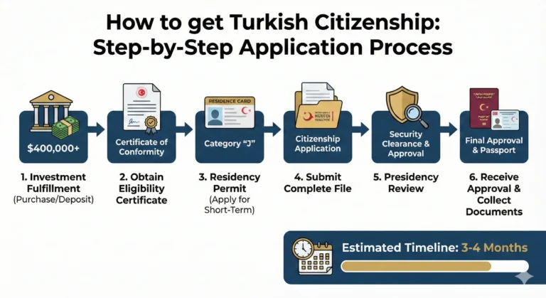 Türk Vatandaşlığı başvuru sürecini adım adım gösteren infografik görseli. Görselde, 400.000$+ yatırım yapılması, uygunluk belgesinin alınması, kısa dönem ikamet izni başvurusu, vatandaşlık başvuru dosyasının sunulması, güvenlik soruşturması ve Cumhurbaşkanlığı onayı ile son olarak pasaport ve belgelerin teslim alınması adımları ikonlar ve açıklamalarla sıralanmıştır. Tüm sürecin tahmini süresi 3-4 ay olarak belirtilmiştir.