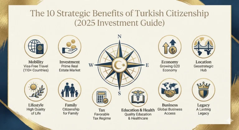 Infographic detailing The 10 Strategic Benefits of Turkish Citizenship (2025 Investment Guide), featuring a compass central design and icons illustrating advantages such as Visa-Free Travel, Prime Real Estate Market, Growing G20 Economy, and Global Business Access.